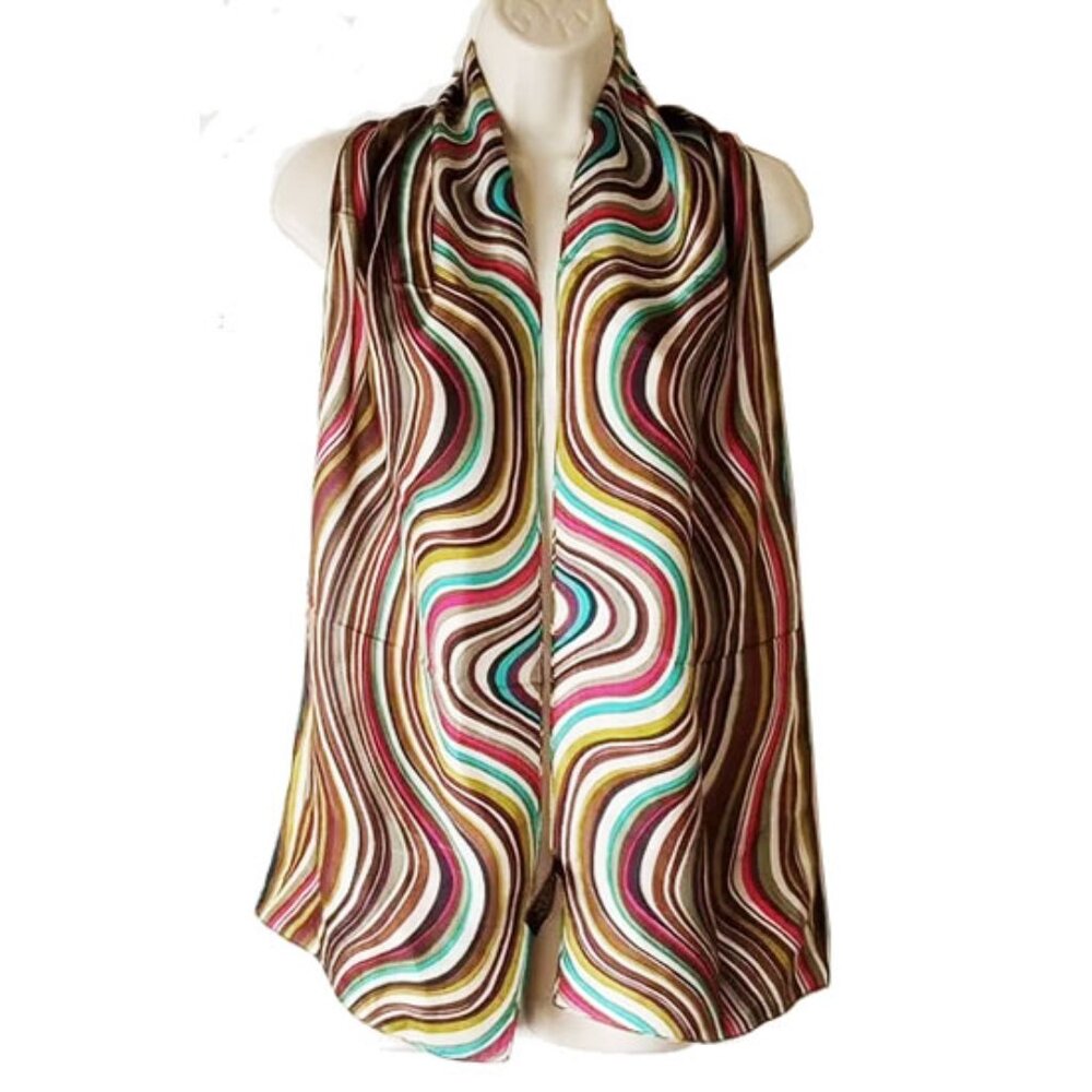NWOT 100% Silk Scarf 63"X10" Swirls of Turquoise white olive brown pink